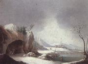 unknow artist A winter landscpae with travellers gathered aroubnd a fire in a grotto,overlooding a lake,a monastery beyond oil painting picture wholesale